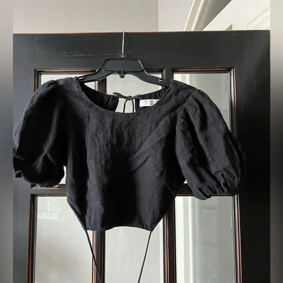 Astr the Label Simona crop top women’s black linen tie back short sleeve XS - Picture 4 of 7